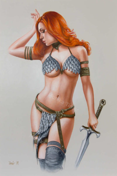 Red sonja, oil paining, Monika Timar, oil on canvas, warrior with sword, Read hair, hand painted, noai, comics charachter