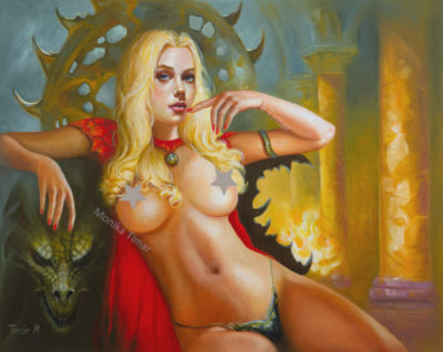 dragon queen, oil_painting, A mythological creature a very sexy woman with a dragon, monika_timar, hyper detailed face portrait of the queen of dragon, painting concept art of detailed character design, cinematic character, masterpiece, oil on canvas