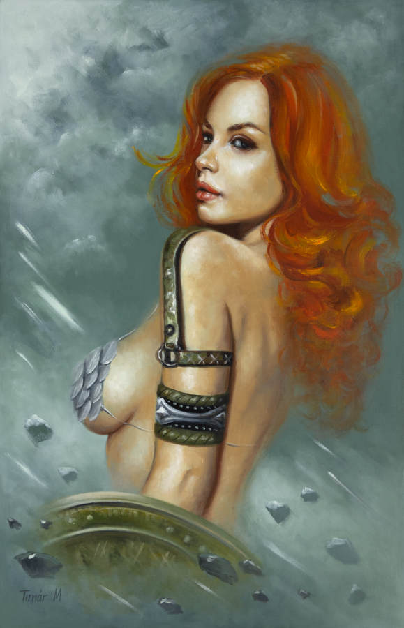red sonja with shield red hair oil_painting comics monika timar